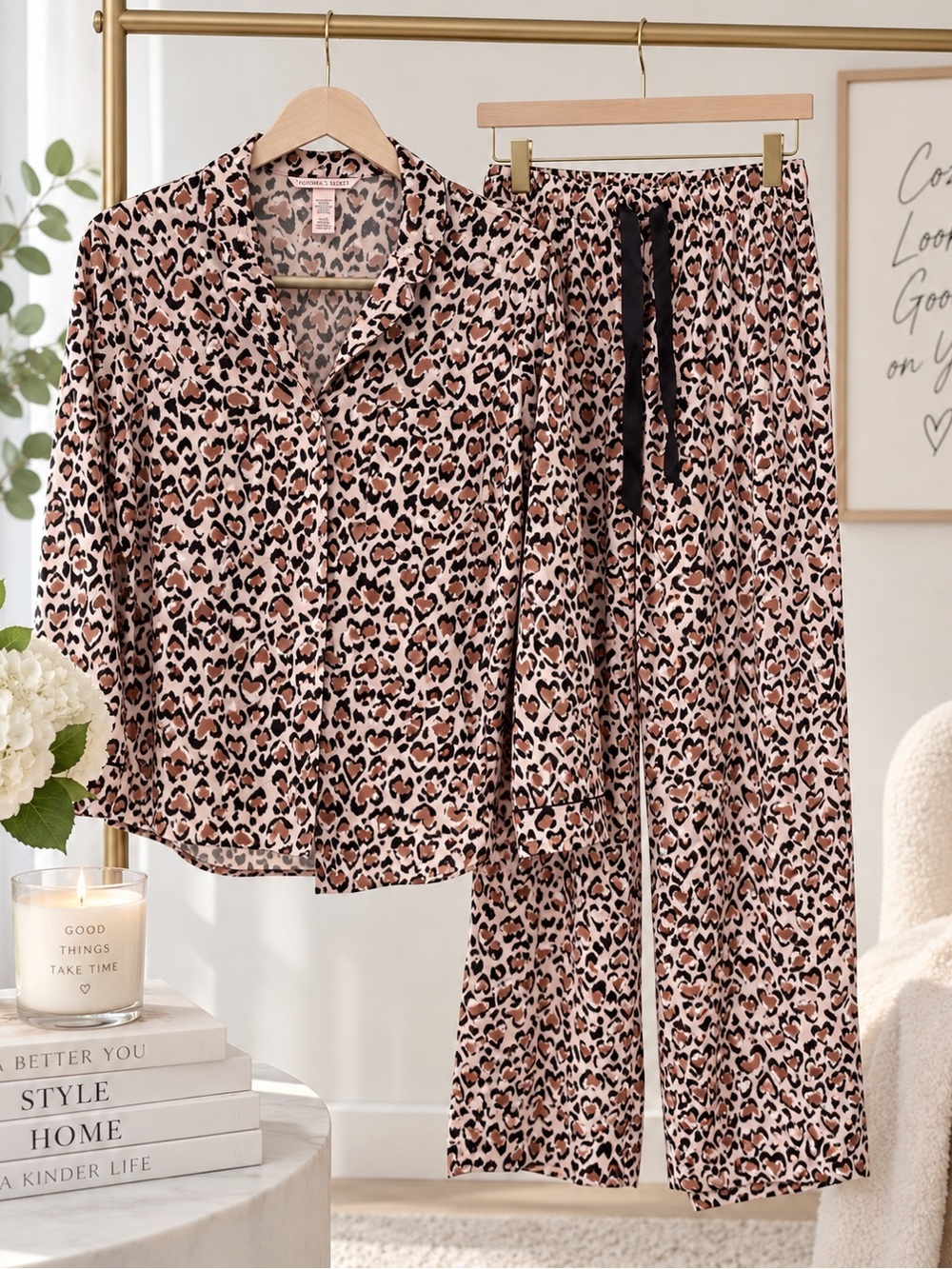 Victoria’s Secret Leopard Print Pajama Set S Short Button Up with pants